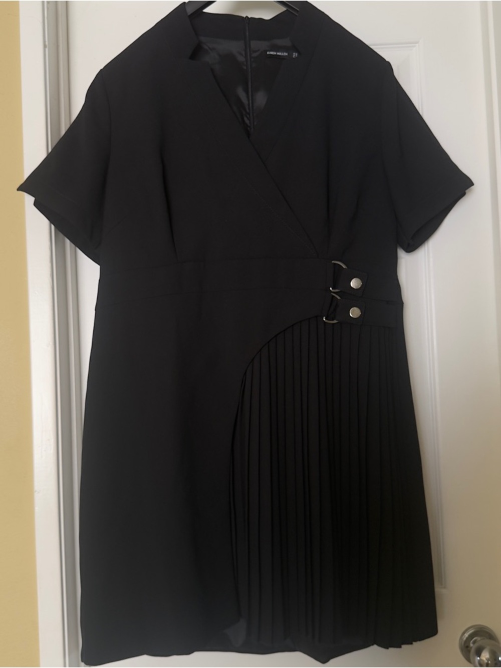 Karen Millen Military Black Pleat Wrap-Front Mini Dress with Side Buckle Size 16 - Picture 5 of 15